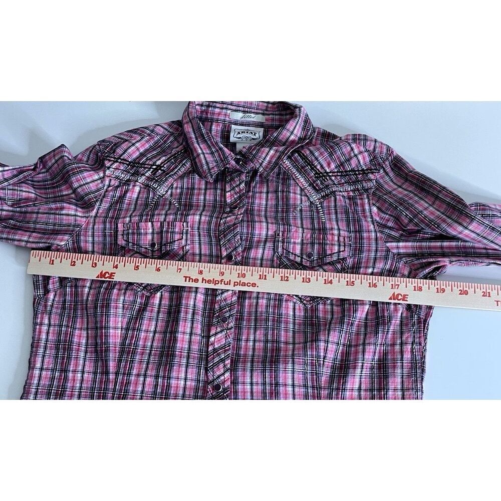 ARIAT Size M Pearl Snap Button Shirt Fitted Pink Plaid Embroidered Womens Silver - Picture 7 of 10